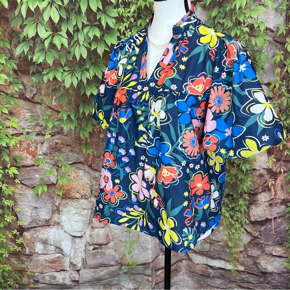 THML Bright Blue Botanical Print Puff Sleeve Resortwear Blouse, S - Picture 3 of 11